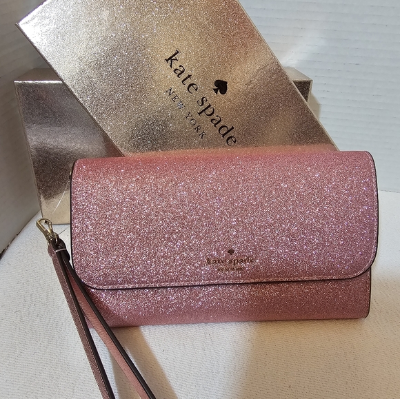 Kate spade EUC New York Bags Boxed Med Glitter Flap Phone Wristlet Wallet Pink - Picture 6 of 16